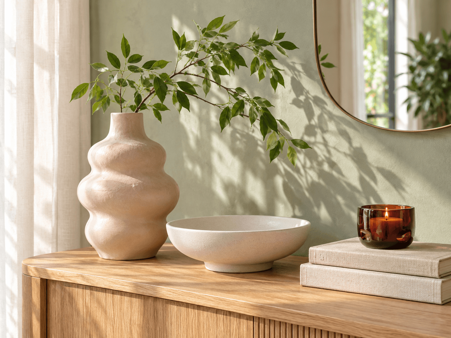 Inspiração de decoração com vaso, folhagem e objetos sobre um aparador claro